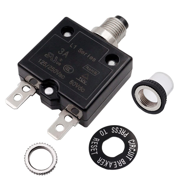 smseace 3Amp Electric Button Breaker, 125/250VAC Thermal Overload Protector with Manual Reset