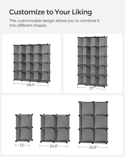 SONGMICS Cube Storage Organizer, Set of 16 Plastic Cubes, Gray, 12.2 x 48.4 x 48.4 Inches, Book Shelf, Closet Organizers