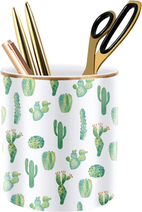 WAVEYU Pen Pencil Holder, Cactus, Multi-Purpose Desk Organizer for Girls Boys Kids, Durable Ceramic Makeup Brush Holder