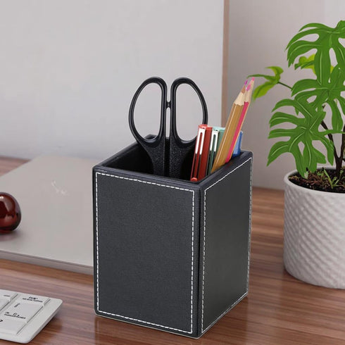 KINGFOM PU Leather Square Pens Pencils Holder - Desktop Organizer Case (Black)