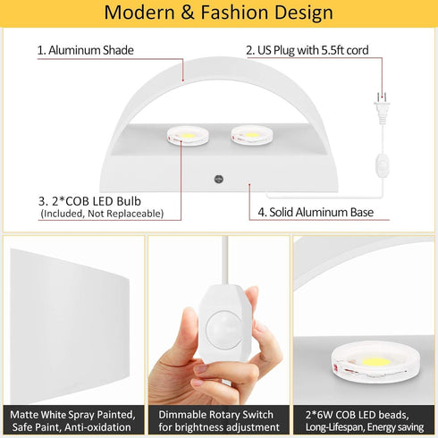 12W Dimmable Lightess Plug in Wall Sconces Modern LED Wall Light Indoor Up Down Wall Lamp for Bedroom Living Room