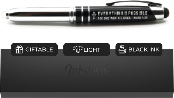 Engraved Bible Gift Pen with Flashlight and Stylus, Mark 9:23, Everything is Possible for One Who Believes