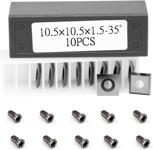 10.5mm Square Tungsten Carbide Replacement Cutter Inserts 10.5x10.5x1.5mm with Screws for Woodworking Fits Spiral