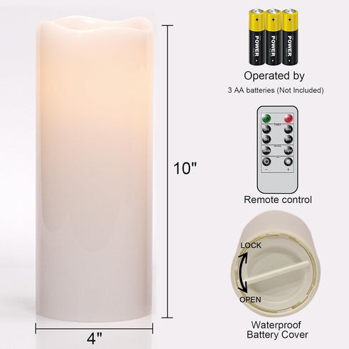 2 Pack 4" 10" GenSwin Waterproof Large Flameless Candles with Remote for Lanterns, x Battery Operated with Timer, LED