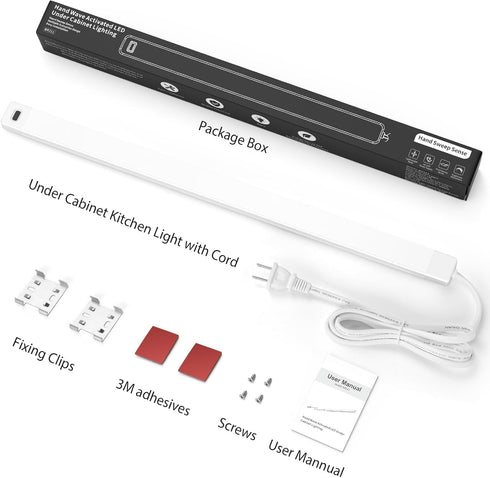 2Pcs 16 Inch Counter 5000K White,Dimmable,Plug Closet, Under Cabinet Lights with Hand Wave, Under Lighting Cold