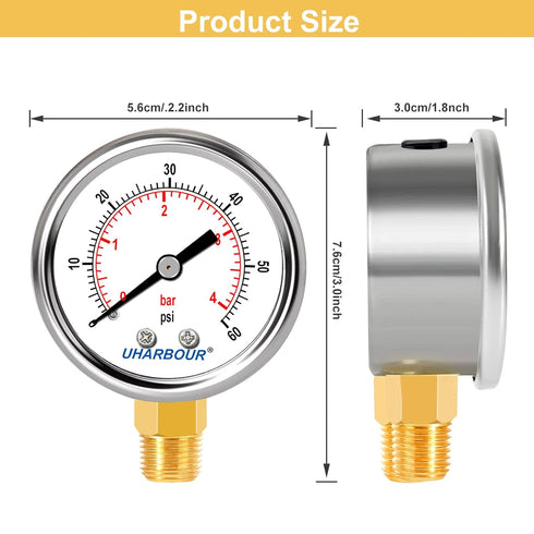 Lead-Free Water Pressure Gauge Liquid Filled 60 Psi 2" Dial, Stainless Steel Case, 1/4" NPT