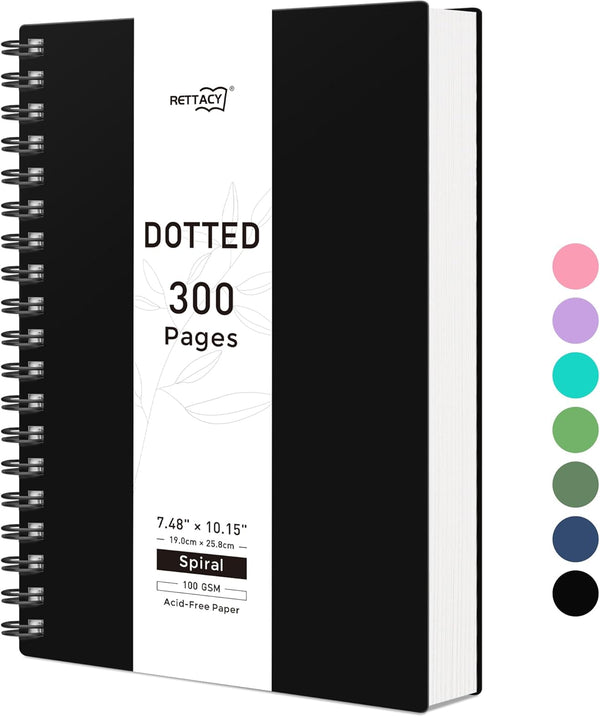 RETTACY Bullet Dotted Journal - B5 Dotted Grid Spiral Notebook, 300 Pages, 100 GSM Premium Acid-Free Paper, Black