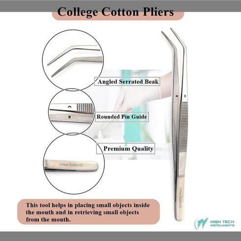 HIGH TECH INSTRUMENTS Set 6 College Cotton Pliers of with Angled Serrated Beak For Professional & Personal Use Surgical
