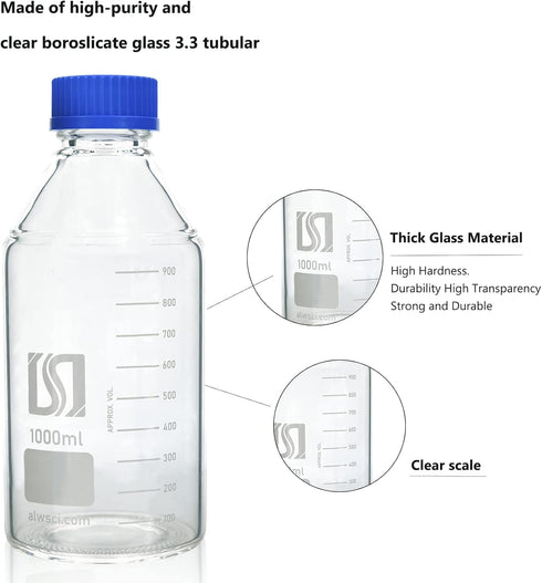 1000ml Graduated Glass Round Media Storage Bottle, Blue GL45 Screw Cap, 3.3 Borosilicate Glass