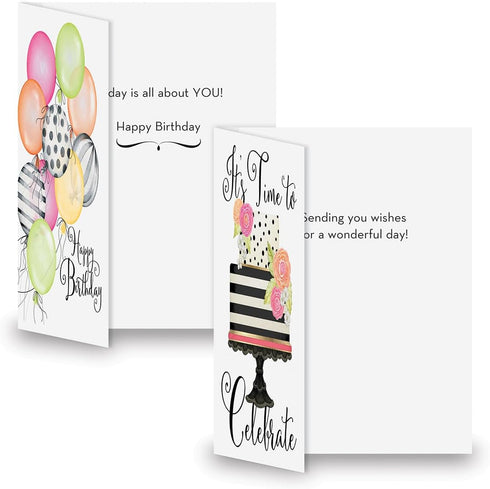 Striped Celebration Birthday Cards - Set of 8 (4 designs), Large 5" x 7" with Envelopes Included