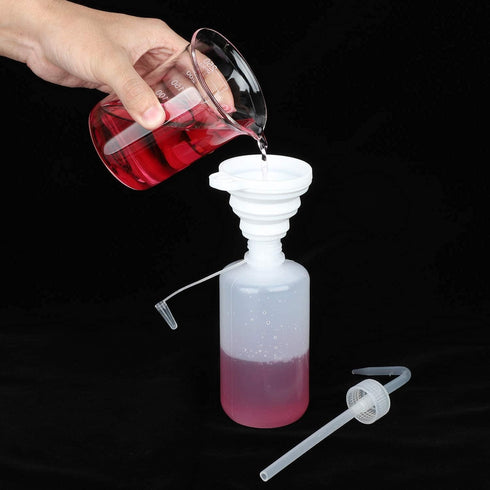 Hyber&Cara 3Pcs Safety Wash Bottle 250ml Plastic Squeeze Bottle with Cap, 1Pc Silicone Funnel for Lab, Plant Watering,