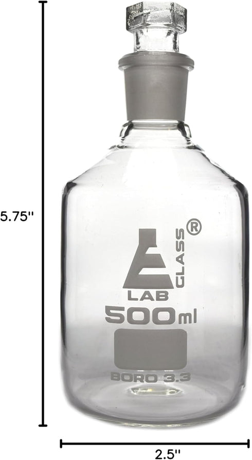 EISCO Borosilicate Glass Reagent Bottle, Narrow Mouth with Interchangeable Hexagonal Stopper - 500ml Labs