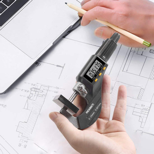 REXBETI Digital Micrometer, Professional Thickness Gauge 0.00005"/0.001 mm, Protective Case with Extra Battery