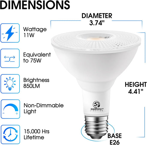 PAR30 2-Pack Bulb, 75 Equivalent(11W), 850LM, 5000K E26 Bulb Energetic Dusk to Dawn LED Outdoor Flood Light Watt