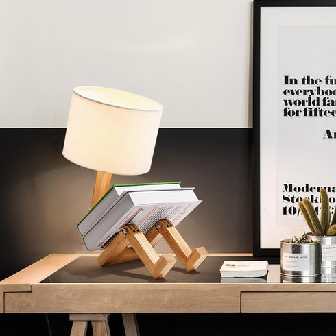 BBGISHO Bulb Bulb Robot Table Lamp, Wood Table Lamp with Fabric Shade, Color Changing Light & Remote Control, Cute Boho
