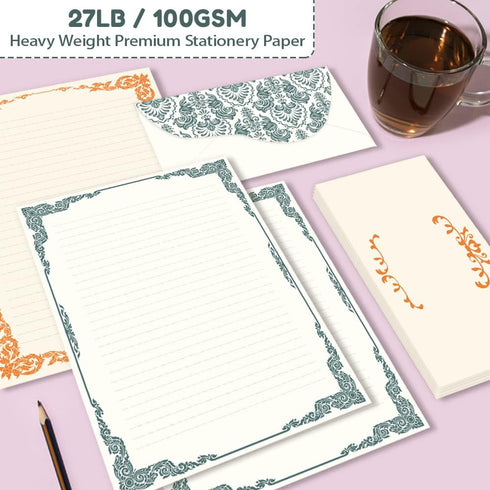 96 Set (64 32 2 8.5 11 Anzon Mories Piece Stationary Sheet Paper and Envelope) Both Side Line Vintage Ivory Lace
