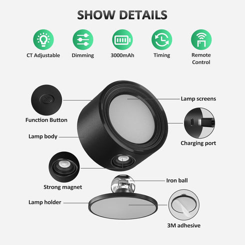3000mAh 3 Dimmable 360Rotation Lightbiz LED Wall Lights with Remote, Wall Mounted Sconces Rechargeable Battery Operated