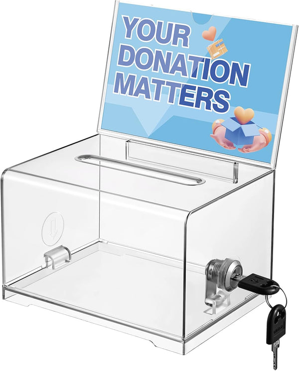 Polmart Clear Donation Box with Lock, Secure Ballot Box, Removable Sign Holder, 2 Keys