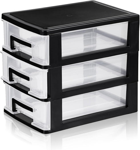 SEWACC 3-Layer Plastic Drawer Organizer, Small Desktop Organizer with Transparent Drawers for Office Supplies