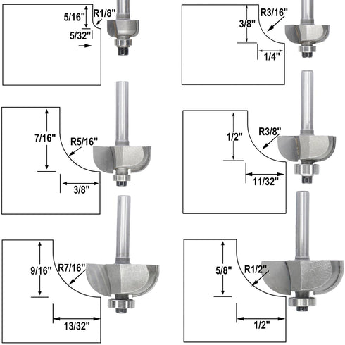 6pcs Set,1/4" 1/8",3/16",5/16",3/8",7/16", 1/2",Cove Cove Router Bit Shank,Radius and Edging Cutter for Wood Edge