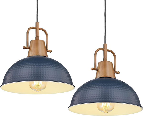 Emliviar 2 Pack Blue Hammered Pendant Light, Metal Haning Lighting Fixtures with