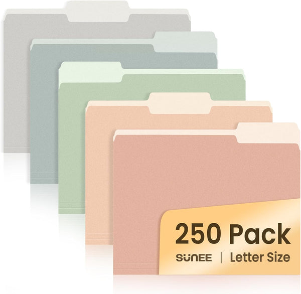 SUNEE File Folders, Letter Size Pastel Colors, 250 Pack Manilla Folders 8.5 x 11 for Office Home School