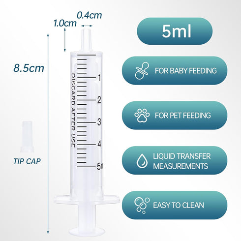 50pcs 5ml/cc Plastic Syringes with Caps, Without Rubber Stopper for Industry Lab Pet Feeding