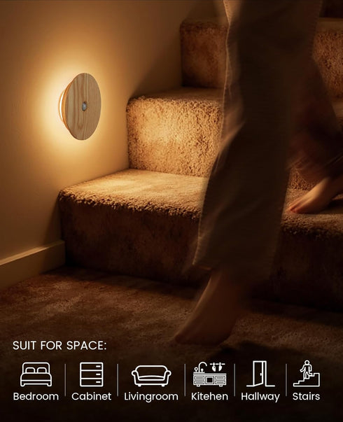 Motion Sensor Night Light Wood, Rechargeable Battery-Powered Magnetic Stick-On Night Light Wall Light for Indoor