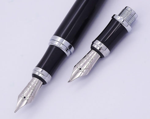 Duke Black Fountain Pen Gift Box Set - Double-Nibs Iridium Medium and Fude Calligraphy Nib for Office/Art
