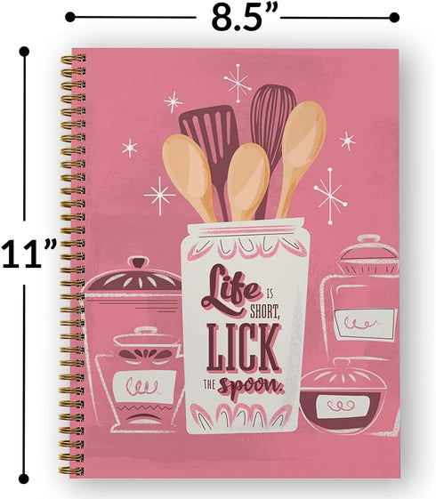 Softcover Lick The Spoon Recipe Spiral Notebook, 8.5"x11", 120 Recipe Pages, Durable Gloss Cover