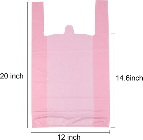 T Shirt Bags, Pink Plastic Grocery Bags with Handles, Bolsas De Plastico Para Negocio, 12x20 Inches (50 pcs)