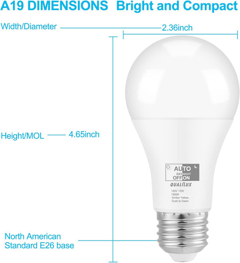 Dusk to Dawn Bug Light Bulbs Outdoor, 1900K Amber Yellow, 800 Lumen, 12W A19 E26, 4-Pack HQ-H020