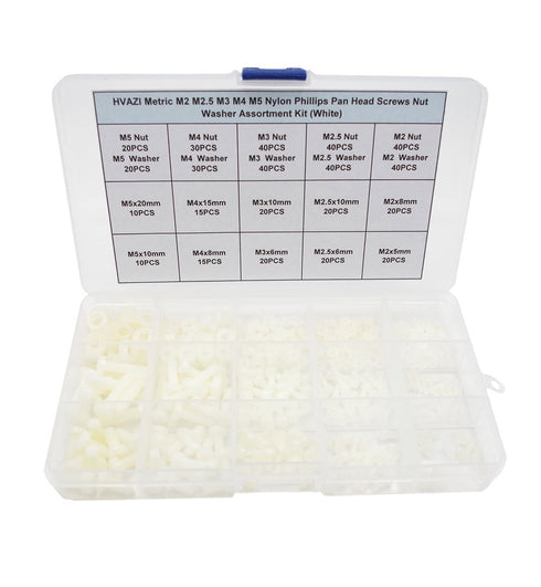 Metric M2 M2.5 M3 M4 M5 Nylon Phillips Pan Head Screws Nut Washer Assortment Kit (White)