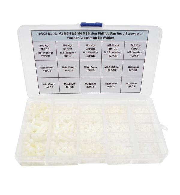 Metric M2 M2.5 M3 M4 M5 Nylon Phillips Pan Head Screws Nut Washer Assortment Kit (White)