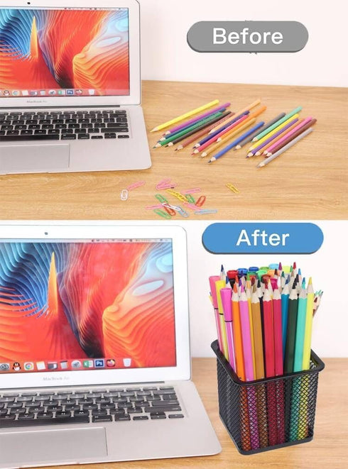 Metal Desk Pen Holder Cup, Square Black Pencil Holder for Office, 4 Pack Pen Organizer