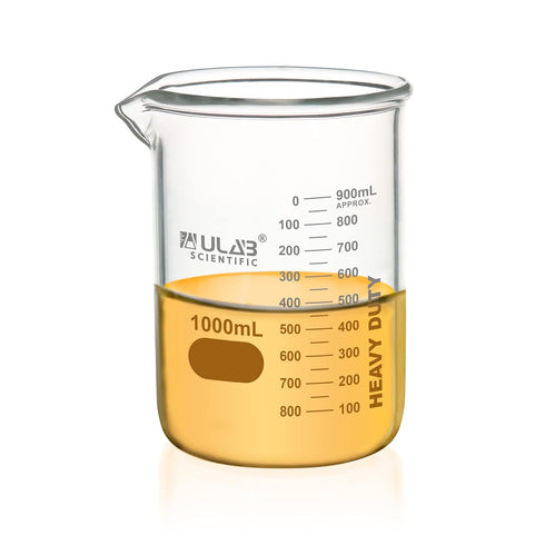 ULAB Heavy Duty Glass Beakers Vol. 1000ml Borosilicate 3.3 Glass with Double Scale