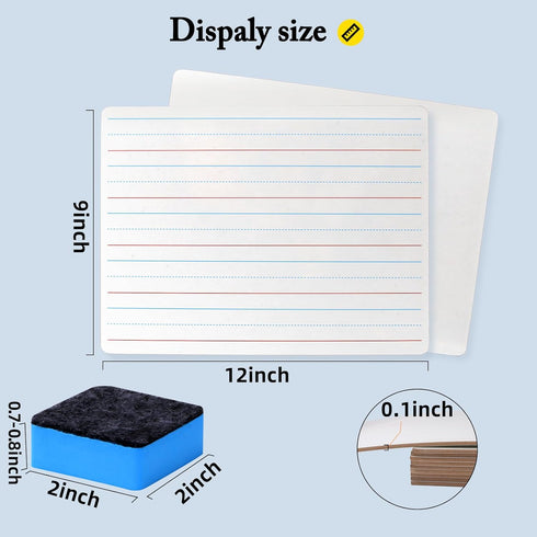 Small Dry Erase Board with Lines, 10 Pack 9"x12" Double Sided Mini Whiteboard for Education Classroom Supplies