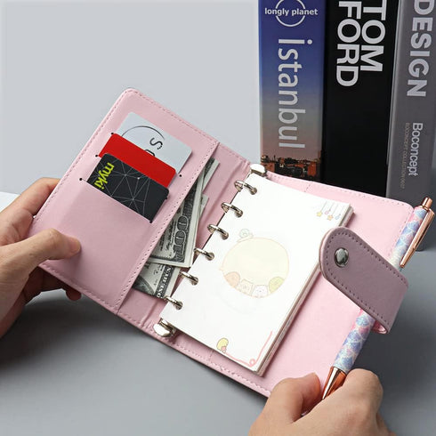Pink A7 Macaron Colored PU Leather Binder Wallet - 6 Rings Loose Leaf Notebook Folders with Snap Button