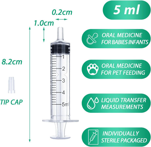 5ml Syringe for Liquid, Oral, Scientific Labs, Measurement, Dispensing, with Cap- 10 Pack 5ml Syringes