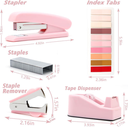 Pink Desk Accessories, Stapler and Tape Dispenser Set, Pink Office Supplies Kit for Students, Women, Coworkers