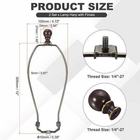 2 Set 12" 1.46" PATIKIL Lamp Shade Harp Holder, Heavy Duty Detachable Lampshade Brackets with Height Solid Metal Finial