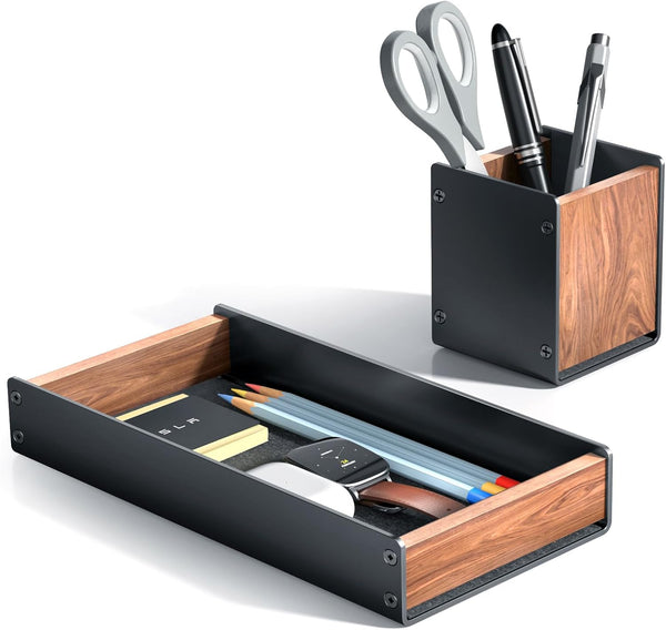 UPERGO Walnut Desk Tray with Pen Holder Set, Natural Wooden Desk Drawer Organizer for Keys, Pen, Watch