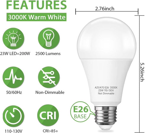 A21 LED Light Bulb, 150-200W Equivalent 23W LED Bulbs, Super Bright 2500 Lumens 3000K Warm White Light Bulb E26 Standard Base for Home Lighting 4 Packs by Prosperbiz