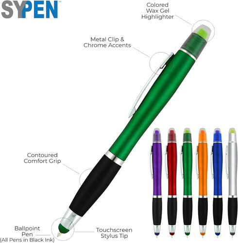 Bible Highlighter with Pen and Stylus for Touchscreens, 3 in 1 Combo, Multi-Color Highlighters, No Bleed, All Black Ballpoint Ink, Wax Gel Highlighters, Pack of 6 by SyPen