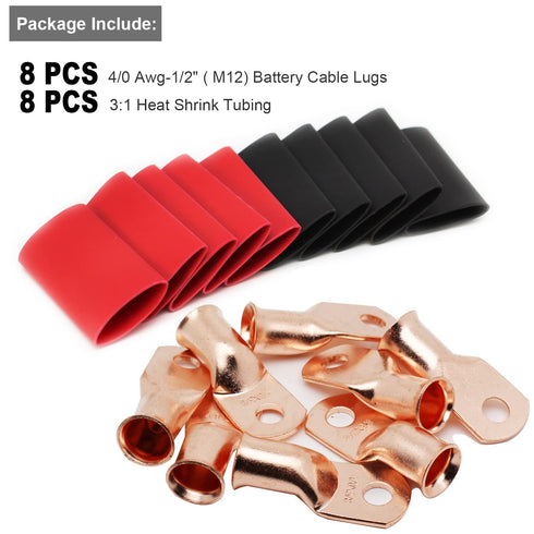 TKDMR 8pcs 4/0 AWG-1/2" Heavy Duty Battery Lugs, Copper Wire Ends, Tubular Ring Terminals with 3:1 Heat Shrink Tubing