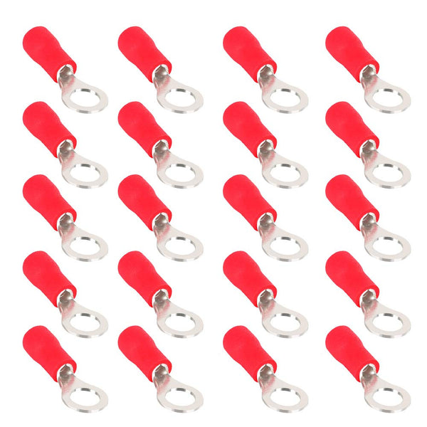 ESUPPORT 100Pcs Red 1/4" Copper Ring Insulated Terminal Connectors, 16-22 Ga Crimp Wire Electrical Cable Kit