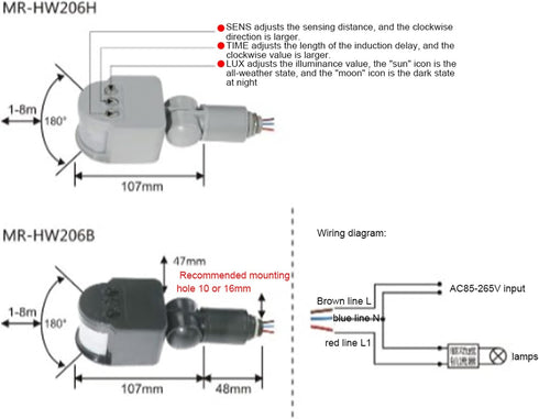 Motion Sensor, 90-250V AC PIR Motion Detector, 180 Degree Flood Lights Dusk Till Dawn Security Sensor for Wall Light