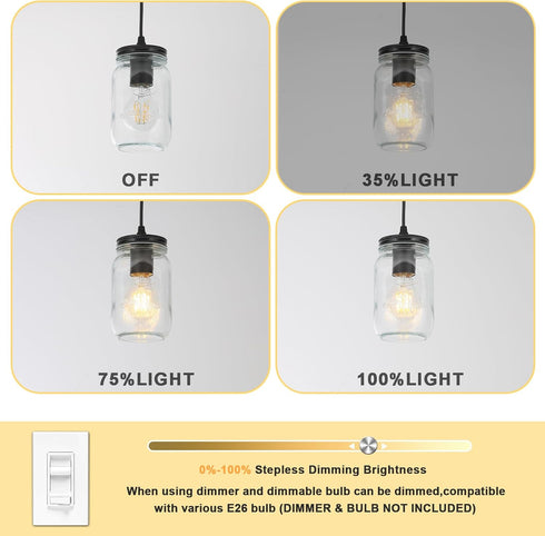 1-Light Glass Pendant Lights Kitchen Island, Black Pendant Light Fixtures with Mason Jar Clear Glass Shade, Farmhouse