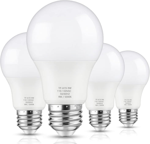A19 LED Light Bulbs, 60 Watt Equivalent, 850 Lumen, Daylight White 5000K, E26 Base, 4-Pack