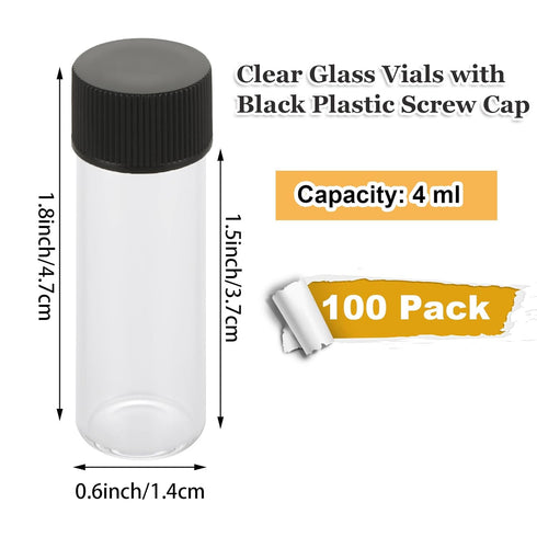 100 Pack 4ml Clear Glass Vials with Black Plastic Screw Caps, Small Liquid Sample Glass Vial, Leak-Proof Glass Bottles for Essential Oil, Reagent, Seeds